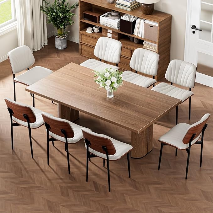 Dining Chairs Set of 8, Mid-Century Modern Upholstered PU Leather Chairs with Walnut Bentwood Back and Metal Legs Adjustable Feet for Kitchen Dining Room, Off-White Shell Strips