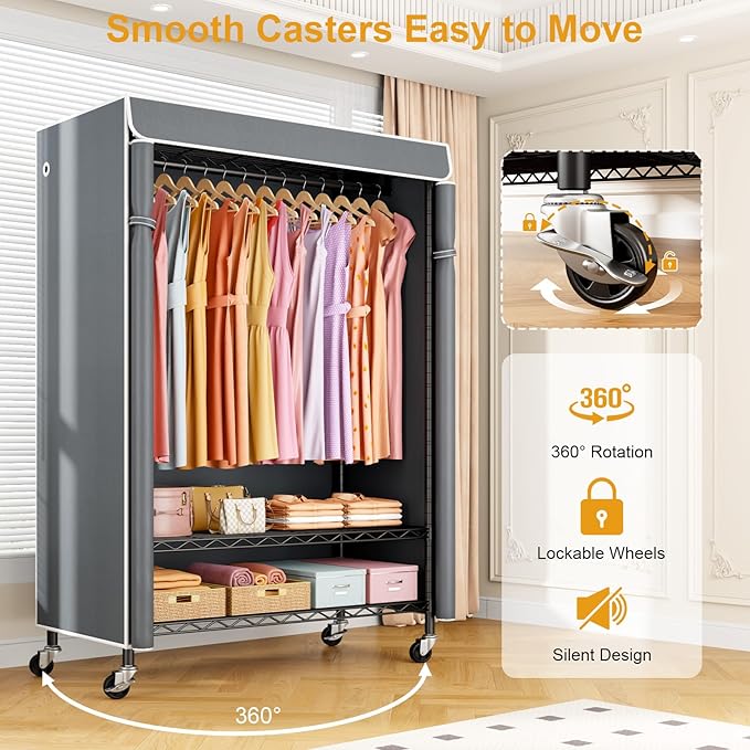 P6C Plus Rolling Clothes Rack with Cover, Covered Clothing Rack Heavy Duty, Portable Closet for Hanging Clothes, Garment Rack on Wheels, Black Closet Rack with Gray Cover, Max Load 375LBS