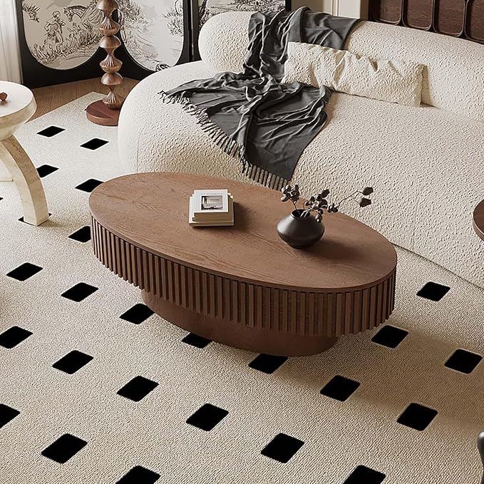 47.2" Oval Coffee Table with Storage, Fluted Coffee Table with Solid Wood Veneered, Mid Century Modern Wooden Center Table, Accent Tea Table for Living Room Apartment, Walnut