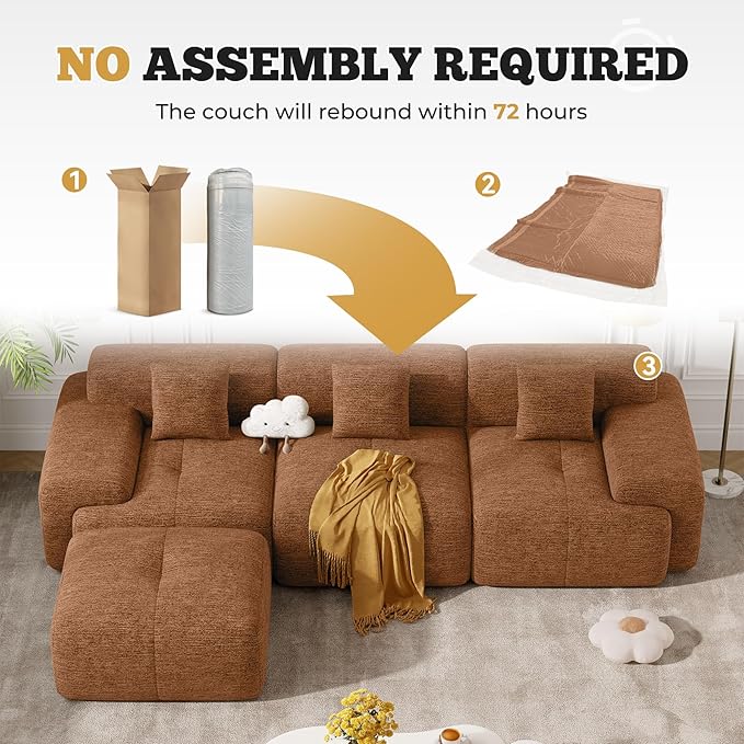 122" Modern L Shaped Modular Sectional Sofa, Boneless Couches for Living Room with Ottoman,4 Seater Convertible Chenille Cloud Couch Sofa Set, No Assembly Required, Orange 1 PCS