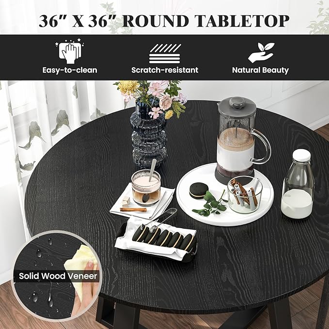 COSTWAY 36 Inch Round Table, Kitchen Table for 4 People with Rubber Wood Frame, Pedestal Base, Farmhouse Rustic Table for Living Room Restaurant, Black
