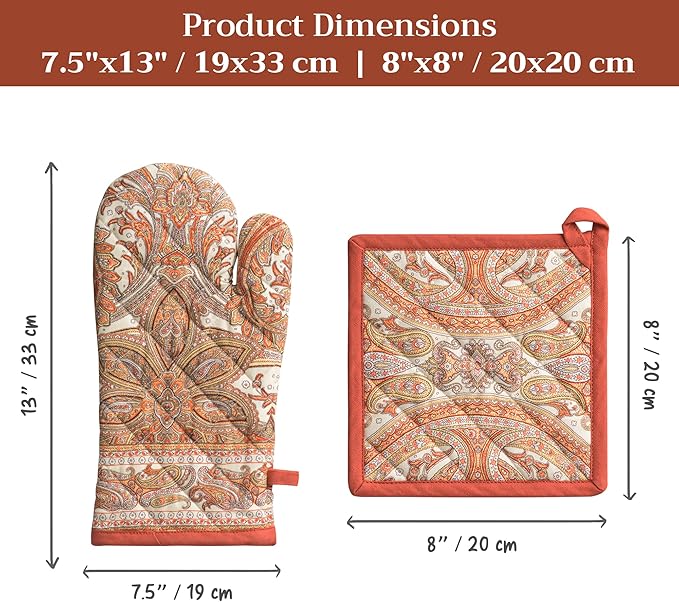 Maison d' Hermine 100% Cotton Oven Mitt & Pot Holder Set (7.5"x13" & 8"x8") Heat Resistant BBQ Cooking Gloves with Loop for Thanksgiving Christmas Decorations Handling Hot Pans (Kashmir Paisley)