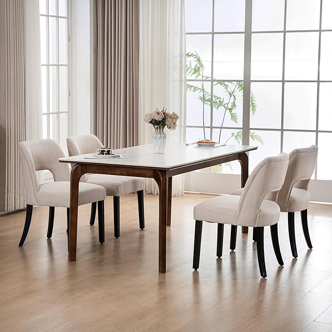 VKNOW Wooden Dining Chairs Set of 4, Modern Fabric Upholstered Dining Room Chair Kitchen Chairs, Farmhouse Dinner Chair for Kitchen Dining Room, Beige-Black Legs