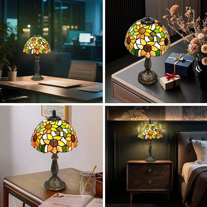 Vibrant Sunflower Tiffany Style Table Lamp,Handcrafted Stained Glass Lamps for Living Room, Bedroom Decor,8-Inch Small Tiffany Lamp with LED Bulb