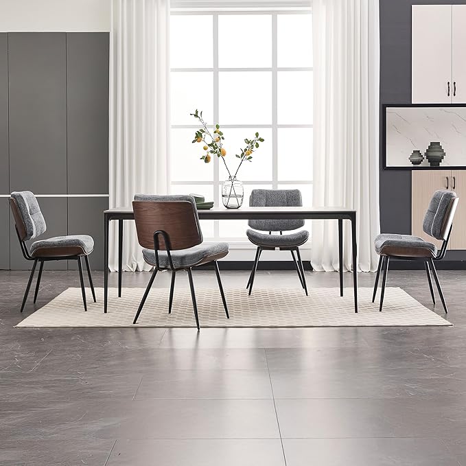 BFZ Dining Chairs Set of 6, Mid Century Modern Kitchen Chairs with Walnut Bentwood Back and Metal Legs, Upholstered Fabric Dining Room Chairs for Kitchen, Living Room