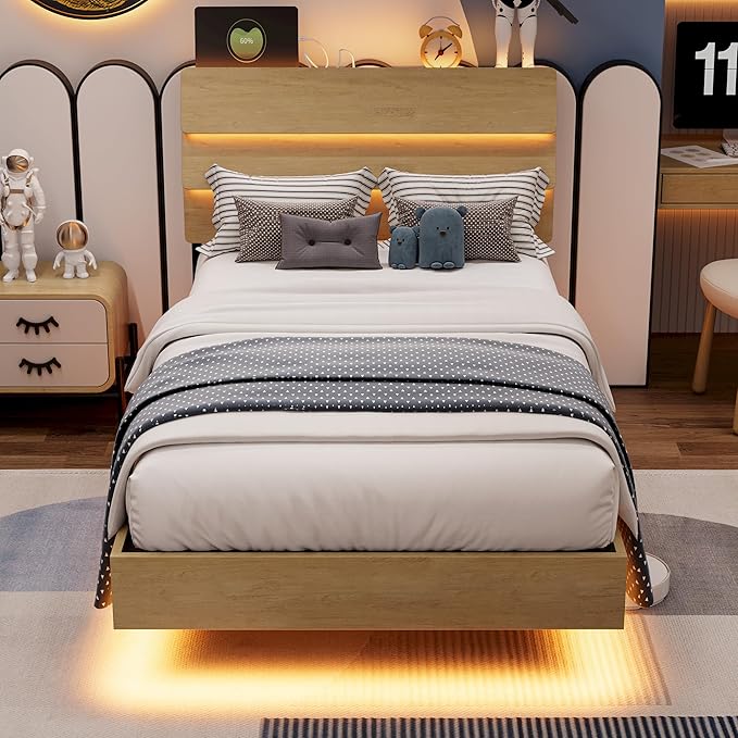 Twin Bed Frames with LED Light and Charging Station, Floating Wooden Bed Frame, Heavy Duty Metal Slats, No Box Spring Needed, Noise Free, Easy Assembly, Oak