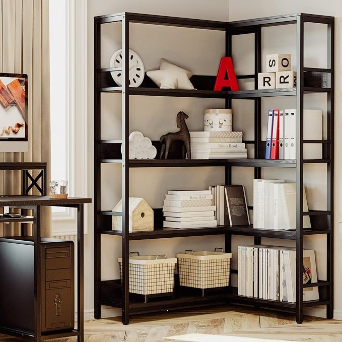 IRONCK Corner Bookshelf 5 Tiers, Industrial Corner Bookcase with Baffles Etagere, L Shaped Bookshelves with Metal Frame, Corner Shelf Storage Rack for Living Room Home Office