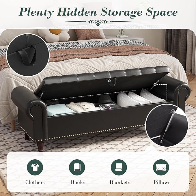 Apicizon 60” Bench with Storage, Queen Size Faux Leather End of Bed Bench with Tufted Button, Ottoman Bench with Rolled Arms & Vintage Rivets for Foot of Bed, Living Room, Entrance, Black