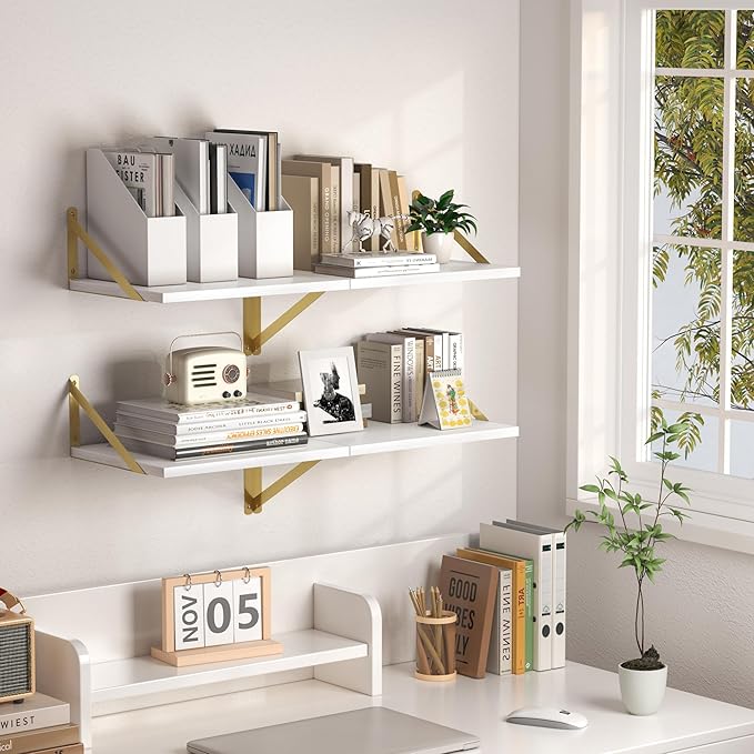 Heimlove Deep Floating Shelves for Wall, 16W x 12D Wood Wall Shelves Set of 2, Wide Floating Bookshelf for Living Room, Kitchen, Office, Bedroom and Decor Storage, with Golden Bracket - White & Gold