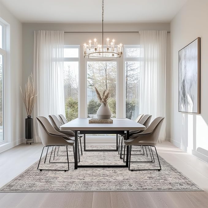 8x10 Area Rugs for Living Room Washable Non Slip Modern Large Rug Soft Faux Fur Low Pile Stain Resistant Vintage Euro Floral Boho Design Big Carpet Rug for Bedroom Dining Room Family Room,Neutral Grey