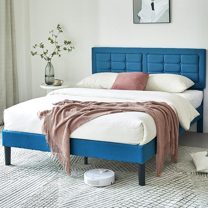 VECELO Queen Size Bed Frame with Adjustable Headboard, Upholstered Button Tufted Platform Bedframe with Wood Slats Support, No Box Spring Needed, Aegean Blue