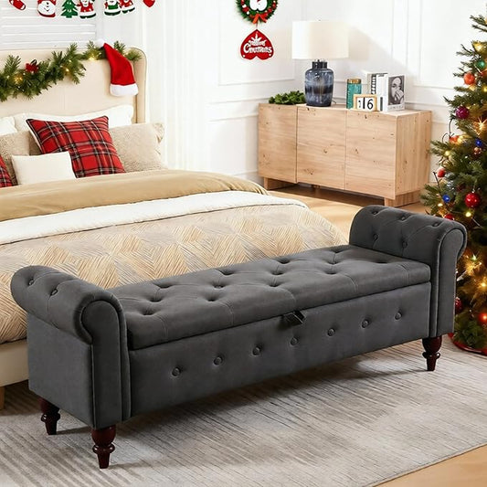 GNIXUU 63" End of Bed Storage Bench for Bedroom, Upholstered Ottoman Seat with Storage for Living Room, Window, Entryway, Grey Velvet