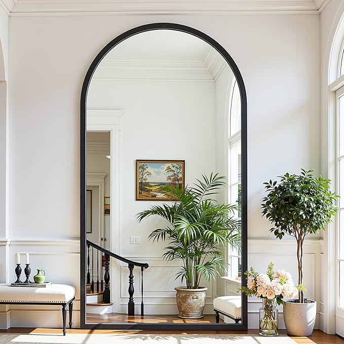 Full Length Mirror 76"×41" Floor Mirror Standing Tall Mirror, Arched Stand up Large Wall Mirrors, Freestanding Full Body Mirrors for Bedroom Living Room Wood Antique Style Black