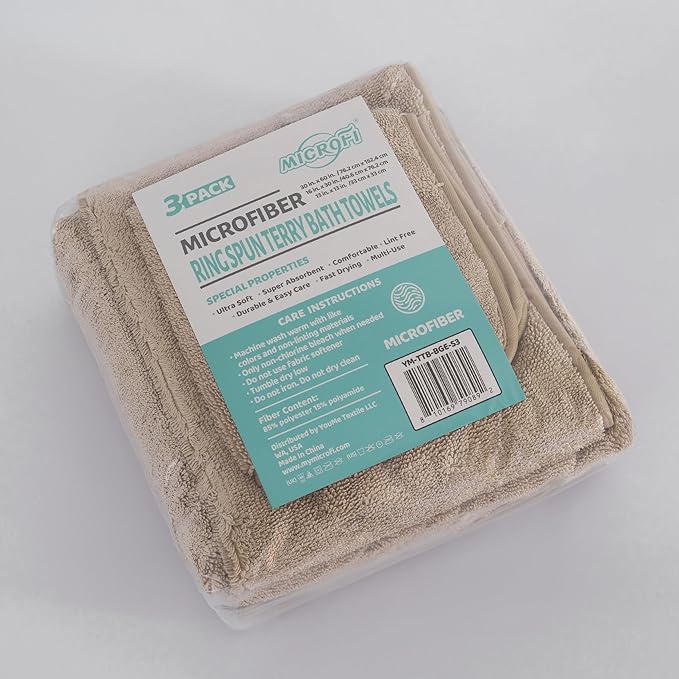 Ring Spun Terry Microfiber Bath Towel Set, 3 Piece, Oversize, Quick Dry, Lint Free, Includes Bath, face, and Hand Towels (Beige)