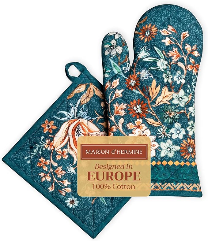 Maison d' Hermine 100% Cotton Oven Mitt & Pot Holder Set (7.5"x13" & 8"x8") Heat Resistant Cooking Gloves with Loop for Thanksgiving Christmas Decorations Handling Hot Pans (Luxury Loft - Dark Teal)