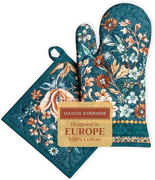 Maison d' Hermine 100% Cotton Oven Mitt & Pot Holder Set (7.5"x13" & 8"x8") Heat Resistant Cooking Gloves with Loop for Thanksgiving Christmas Decorations Handling Hot Pans (Luxury Loft - Dark Teal)