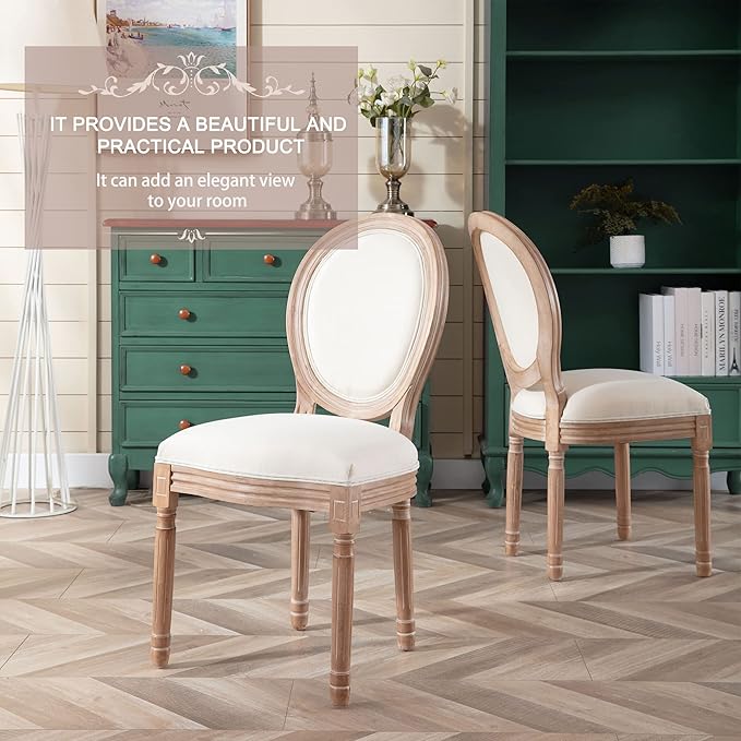 Nrizc French Dining Chairs Set of 2, French Country Dining Chairs, Vintage Farmhouse Dining Chairs with Round Back, Solid Wood Beige Fabric Dining Room Chairs, for Kitchen, Bedroom, Dining Room