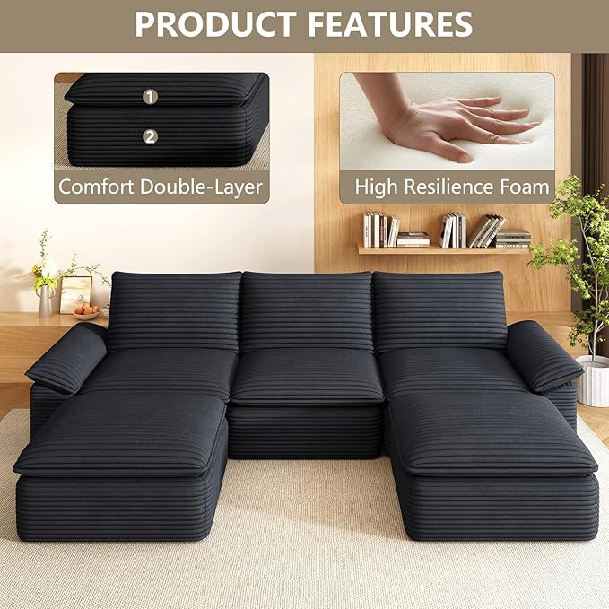 111" Cloud Sectional Couch with U-Shaped Chaise, Corduroy Sectional Sofa with Ottoman, Boneless Couch with Deep Seat in a Box for Living Room, No Assembly Required (Black)