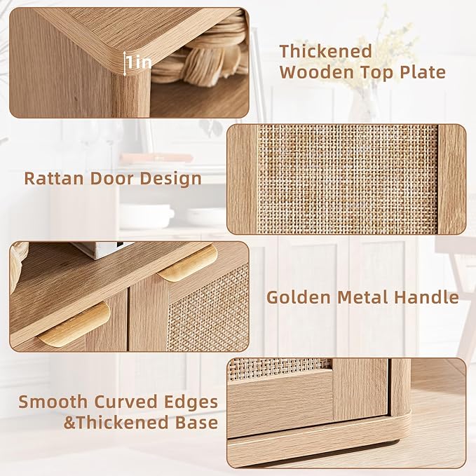 LEYAOYAO Rattan Sideboard Buffet Cabinet,45" Coffee Bar Cabinet with 3 Doors & Open Storage Shelf,Modern Credenza Console Table for Living Room Rattan Farmhouse entryway Natural