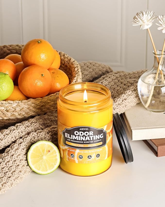 AOOVOO Citrus Lemon Large Odor Eliminating Highly Fragranced Candle - Eliminates 95% of Pet, Smoke, Food, and Other Smells Quickly, Air Freshing Soy Candle, 22 oz Up to 110 Hours Burn time