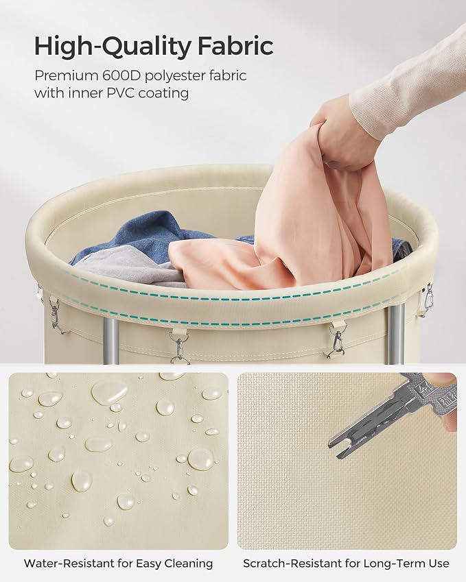 SONGMICS 50.2-Gallon (190 L) Laundry Basket with Wheels, Rolling Round Heavy-Duty Laundry Hamper Cart with Steel Frame and Removable Bag, 2 Locking Wheels, Cream White and Metallic Silver URLS01MZ