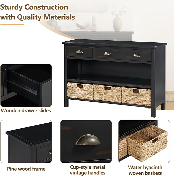 GDFStudio 47" Retro Console Table with 3 Drawers & 3 Water Hyacinth Baskets, Wooden Entryway Buffet Table with Lower Shelf, Vintage Side Board Storage Cabinet for Entryway Hallway Living Room, Black
