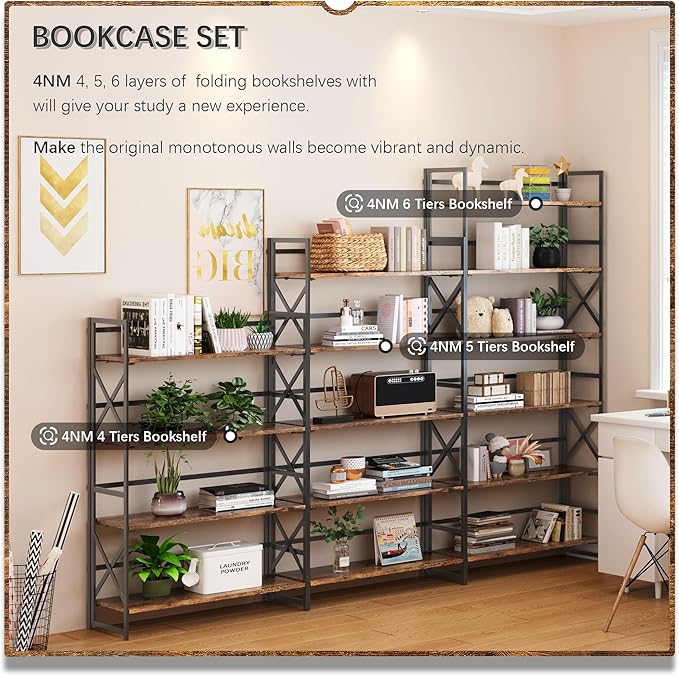 4NM Extra Wide 5 Tiers No Assembly Book Shelves, 51.2" H Folding Bookshelf Bookcase Open Industrial Foldable Shelves for Bedroom, Living Room, Home Office - Rustic Brown Black