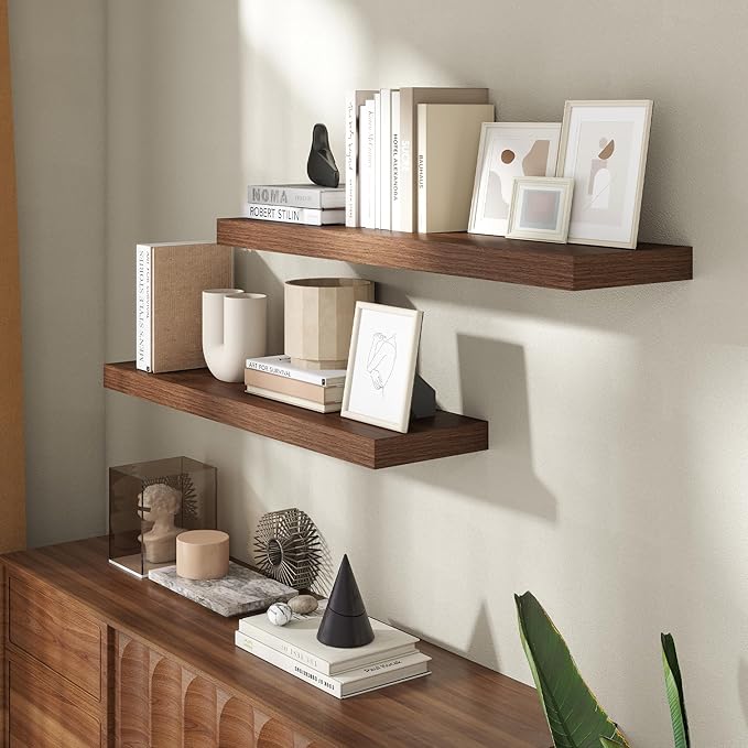 24 Inch Floating Shelves for Wall, 8 Inch Deep Floating Shelf for Storage & Display, Rustic Wall Mounted Shelf with Invisible Brackets for Living Room, Kitchen, Bathroom, Home Decor, Set of 2, Walnut