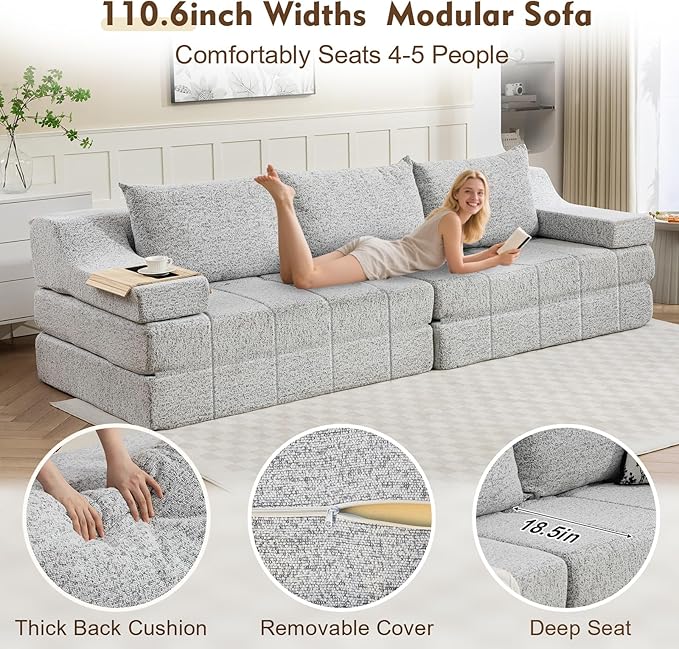 MEISSALIVVE 110.6" Convertible Sofa Bed,2-in-1 Modular Oversized Boneless Couch with Wide Armrest & Thick Cushion,Futon Sofa with Pull Out Bed for Living Room,Bedroom,No Assembly Required(Grey