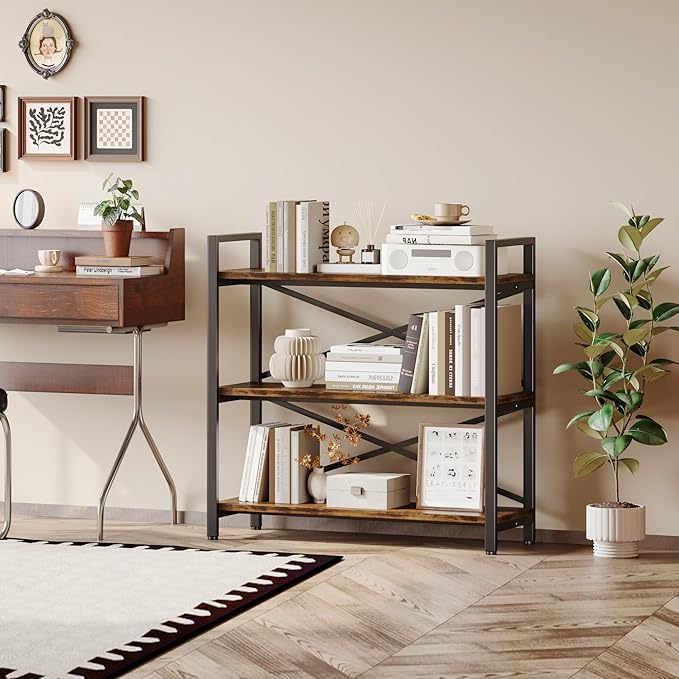 3 Tier Bookshelf 31.49" Width, Wood and Metal Etagere Bookcase, Vintage Farmhouse Modern Wooden Big Book Shelf for Home Living Room Bedroom Office Storage(Rustic Brown)