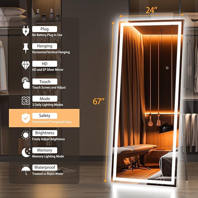 Hasipu Full Length Mirror with Lights, 67" x 24" LED Lighted Floor Standing, Full Body Dressing Hanging Mounted Mirror, Dimmable, Tempered Glass, Safe to Use, Square Black