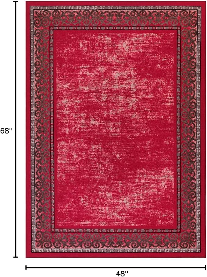 Antep Rugs Alfombras Bordered Modern 4x6 Non-Slip (Non-Skid) Low Pile Rubber Backing Indoor Area Rug (Red, 4' x 5'8")