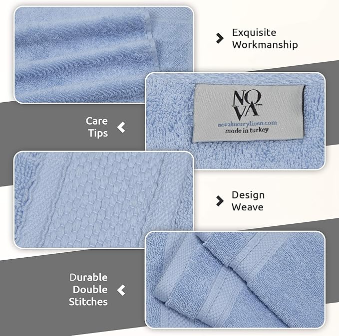 NOVA Luxury Linen - Hotel Quality Turkish Towel Set for Bathroom (4 Pcs Hand Towel Set, Sky Blue)