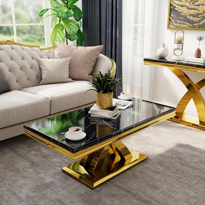 AUZ 3 Pieces Black Gold Living Room Table Set, Coffee Table and 2 End Side Table with X-Shape Design Polished Stainless Steel Frame