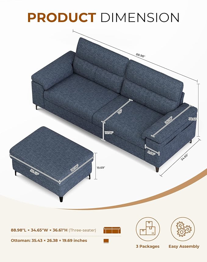 88.97" L Shaped Sectional Couches for Living Room, Deep Seat Sofa with Big Storage Ottoman & 8”Cushion, Comfy 2-Seater Chenille Loveseat, Convertible Armrest, Removable Cover for Small Space(Blue)