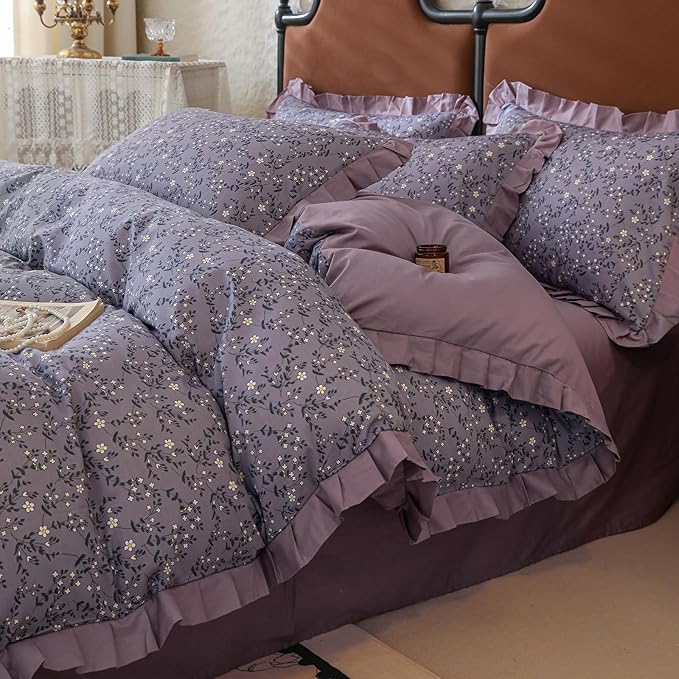 Purple Ruffle Duvet Cover Twin 3 Pieces Cute Daisy Flower Duvet Cover Girls Cottagecore Bedding Set Twin 100% Cotton Romantic Lace Comforter Cover Aesthetic Floral Bedding Cover with Zipper Closure