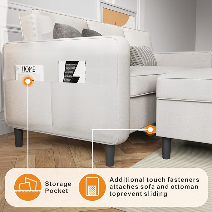 Sectional Sofa Couches for Living Room, 78'' Beige 3 Seater L-Shaped Couch with Storage Ottoman, Comfy Linen Convertible Sectionals Sofas with Chaise for Apartment, Office, Small Space