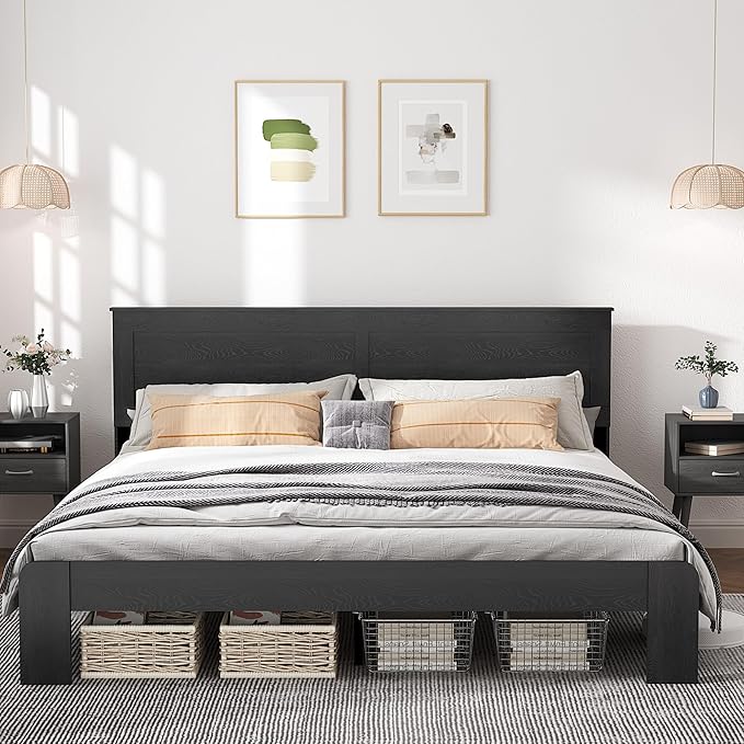 King Size Bed Frame, Rustic Vintage Platform Bed Frame with Wood Headboard and Footboard, 12 Wood Slats Support, No Box Spring Needed (Black, King)