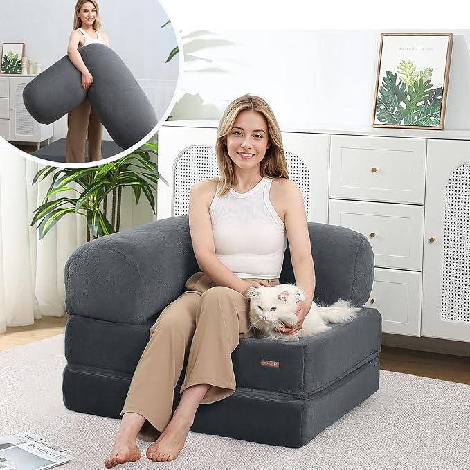 COMAX Folding Sofa Bed Single, Fold Out Chair Bed, Foldable Sofa Chair, Convertible Sleeper Futon for Adults, Floor Couch Mattress for Small Spaces Bedroom Living Room Guest Room, Faux Fur Dark Grey