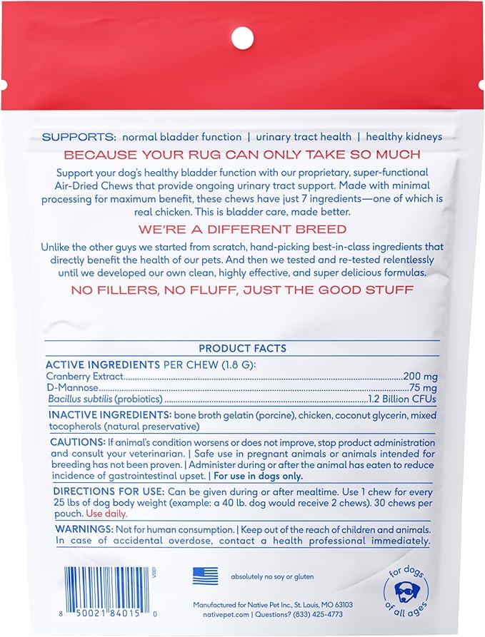 Native Pet Dog UTI Treatment - Cranberry Supplement for Dogs Bladder Control & Kidney Support - Prevent Urinary Tract Infection and Urinary Incontinence - Made with Real Cranberry Extract - 30 Chews
