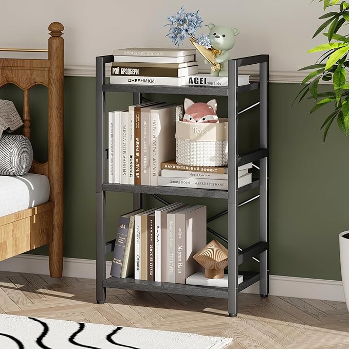 Homeiju Bookshelf, 3 Tier Industrial Bookcase, Metal Small Bookcase, Rustic Etagere Book Shelf Storage Organizer for Living Room, Bedroom, and Home Office(Black) Patent Pending D29873033