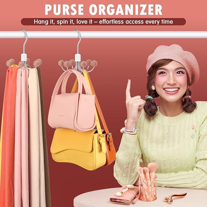 DOIOWN Purse Organizer,2 Pack Space Saving Purse Hangers for Closet,Multi Purpose Rotating Tank Top Hangers for Bags, Bras,Scarfs,Ties, Hoodies, Hat Closet Organizers and Storage