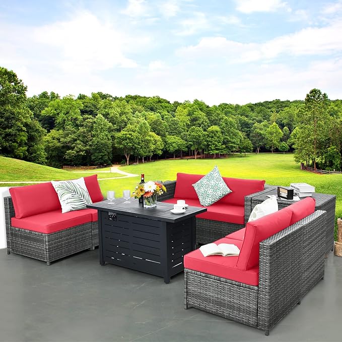 HAPPYGRILL 8 Piece Patio Furniture Set Outdoor PE Rattan Conversation Set with Storage Box, Sectional Wicker Sofa Set with Coffee Table and Cushions for Garden Backyard
