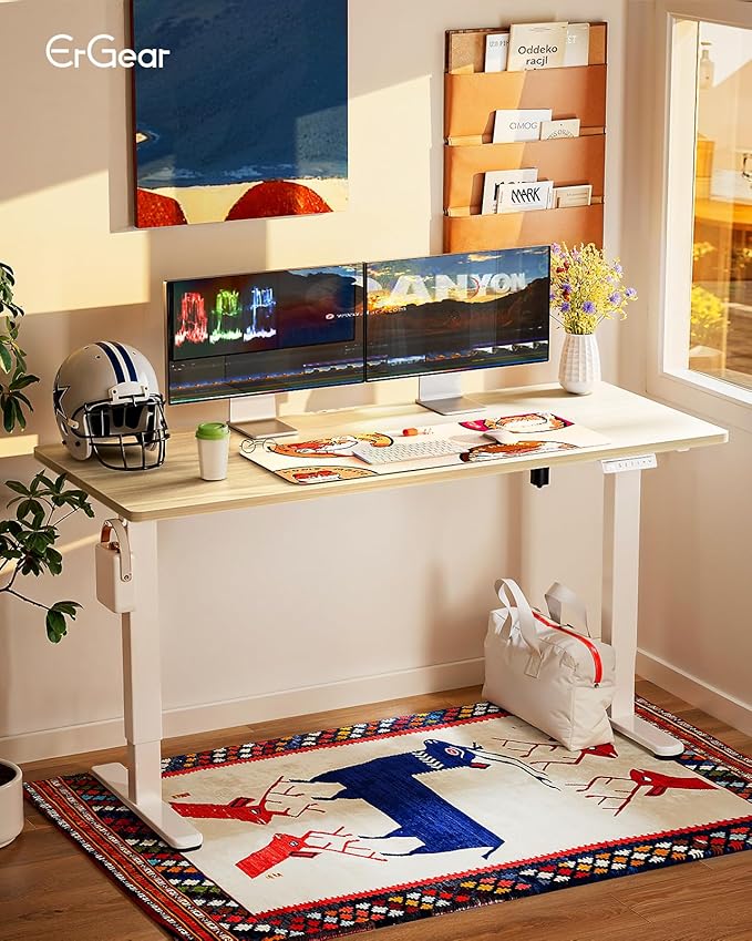 ErGear Height Adjustable Electric Standing Desk, 63 x 28 Inches Sit Stand up Desk, Large Memory Computer Home Office Desk with Two-Piece Desktop (Natural)