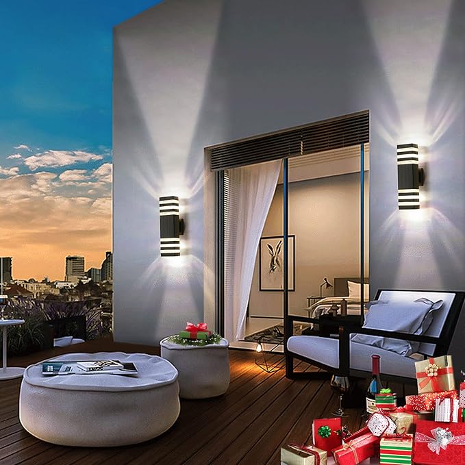 tewei Up and Down Outdoor Lights Exterior Wall Light Fixture, 3-Layer Black Modern Outdoor Lights for House, IP65 Waterproof Aluminum Exterior Wall Sconce for Porch Garage, Warm White 3000K, 2 Pack