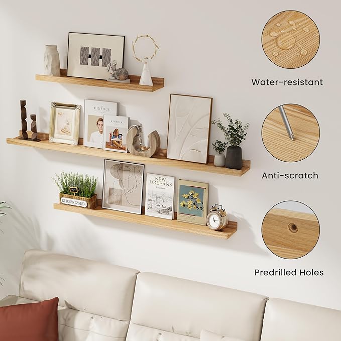 Solid Ash Wood Picture Ledge Shelf, Floating Shelves Set of 2, 56 Inch Long Large Ledge Shelves, Nursery Book Shelves Wall Mounted for Living Room Bedroom Kitchen Decor Kids Bookshelf, Natural