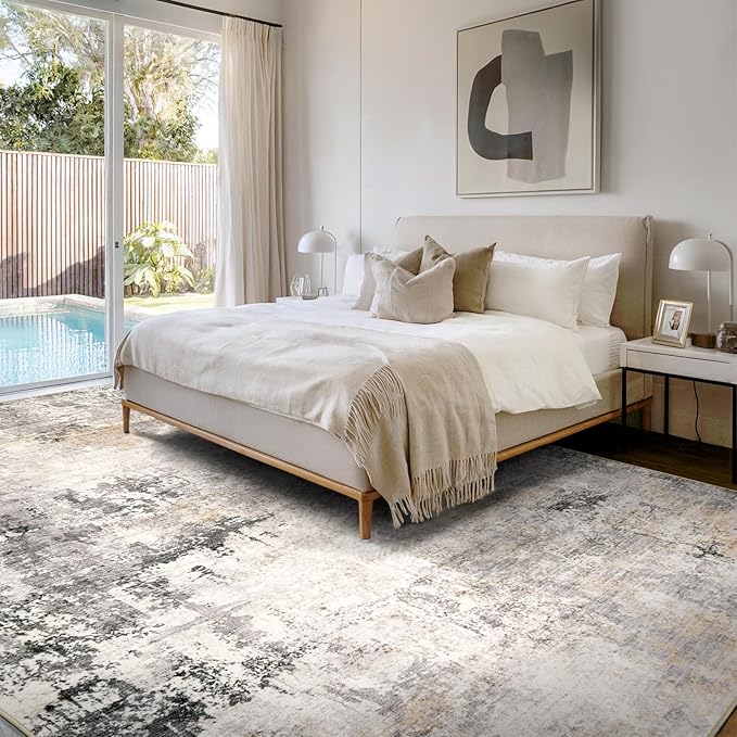 Area Rug Living Room Rugs - 8x10 Modern Abstract Soft Indoor Neutral Washable Rug Stain Resistant Non-Slip Low Pile Carpet for Bedroom Dining Room Home Office - Charcoal Grey