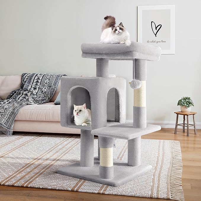 Allewie 29 Inches Cat Tree Tower/Plush Perches Platform/Condo/House/Sisal Scratching Posts/Multi-Level Activity Center Furniture for Kittens/Grey