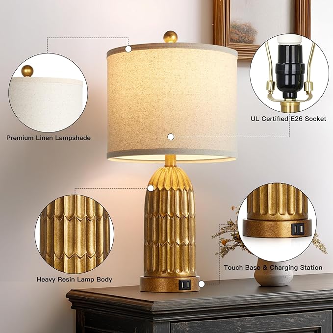 Table Lamps for Bedroom Set of 2, Farmhouse 3-Way Dimmable Touch Nightstand Lamp with 2 USB Charging Ports, Vintage Rustic Traditional Bedside Lamp for Living Room End Table