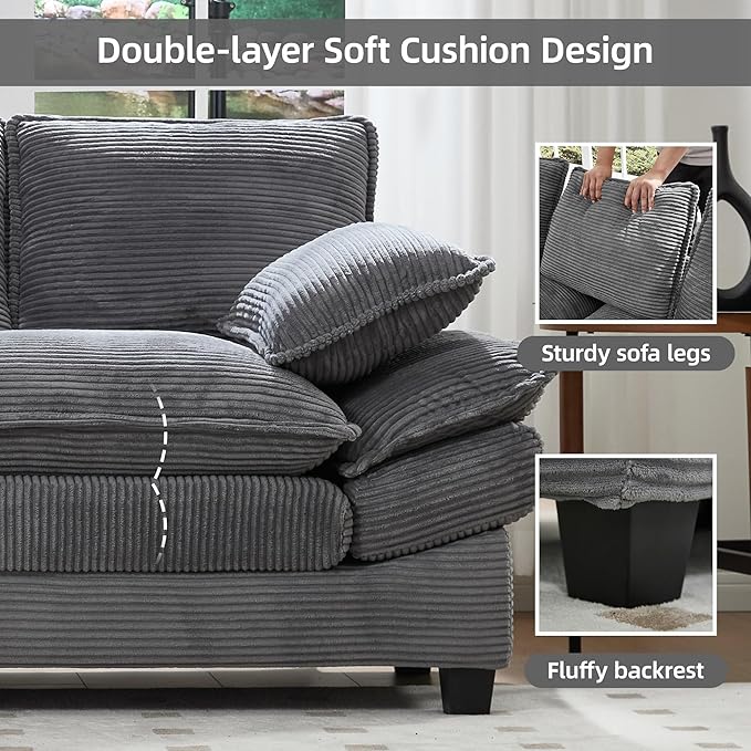 83" Loveseat Sofa, Cloud Couches for Living Room, Comfy Corduroy Couch with Deep Seat, Love Seat Couches for Bedroom, Apartment and Office, Easy Assemble for Small Space (Grey)